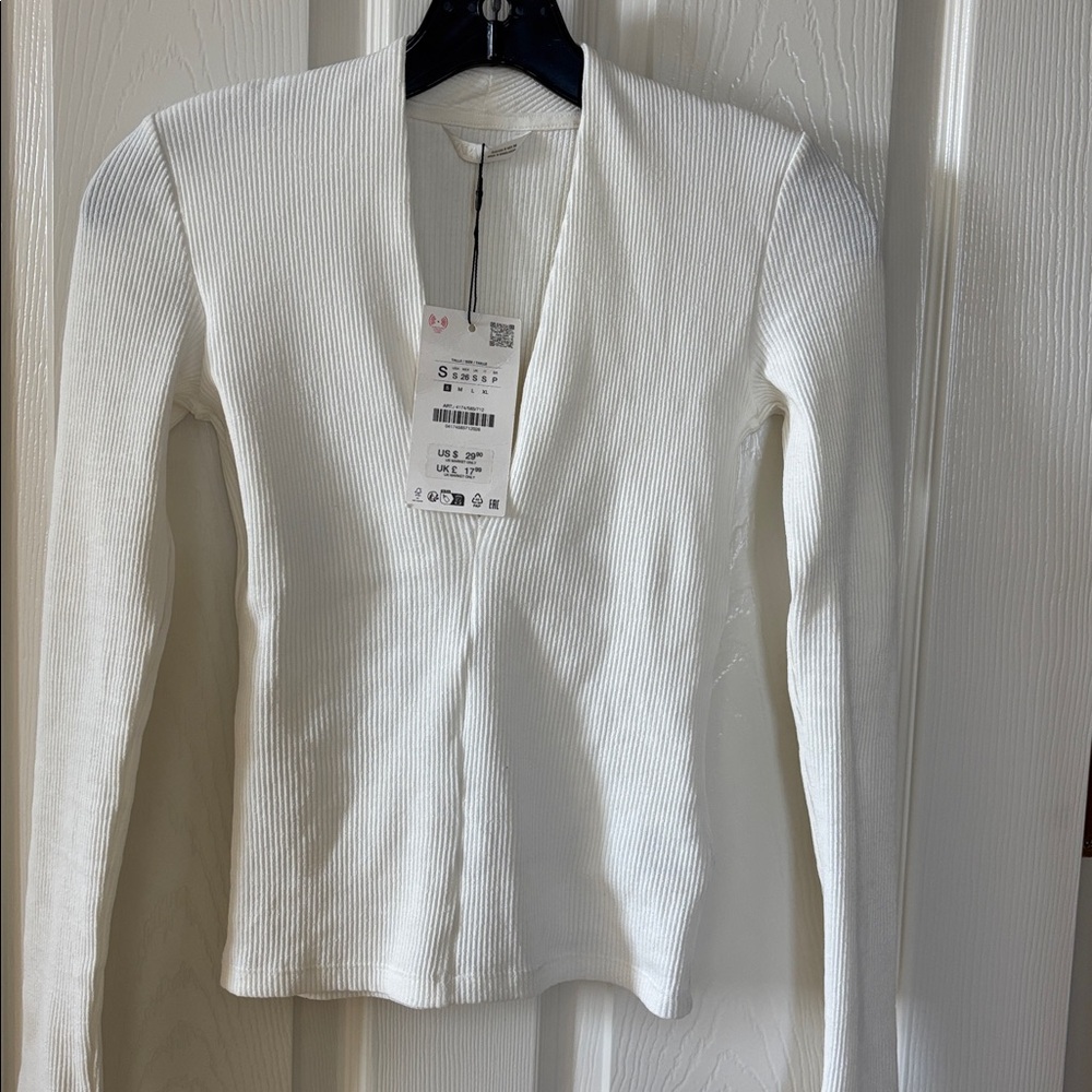 Zara Off-White Ribbed Deep V Long Sleeve Top - Picture 3 of 9